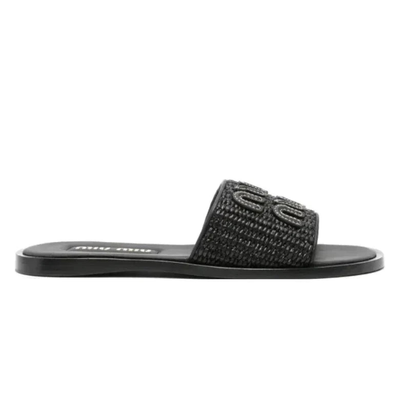 Miu Miu Woven Raffia Slide 'Black'
